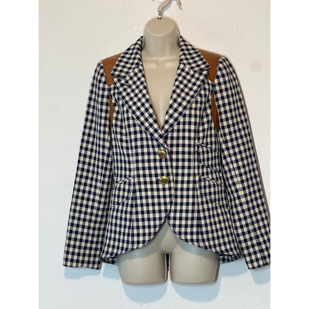 Smythe Equestrian Blazer Navy White Gingham Leather Trim Gold Buttons Size 8